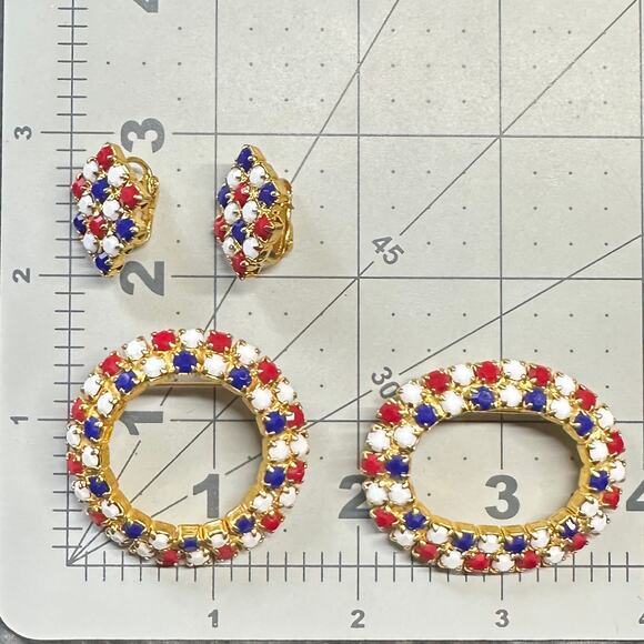 Bundle jewelry lot 3 gold tone patriotic rhinestones brooches clip on earrings - Picture 6 of 6